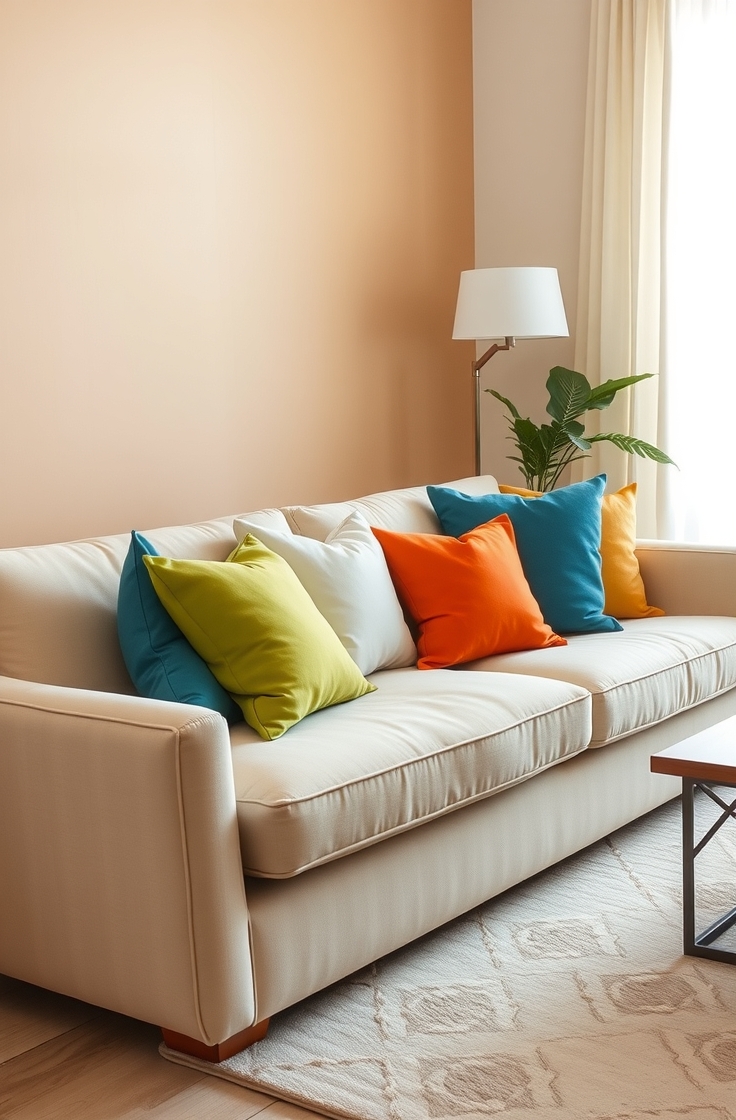 Bright Throw Pillows on a Neutral Sofa