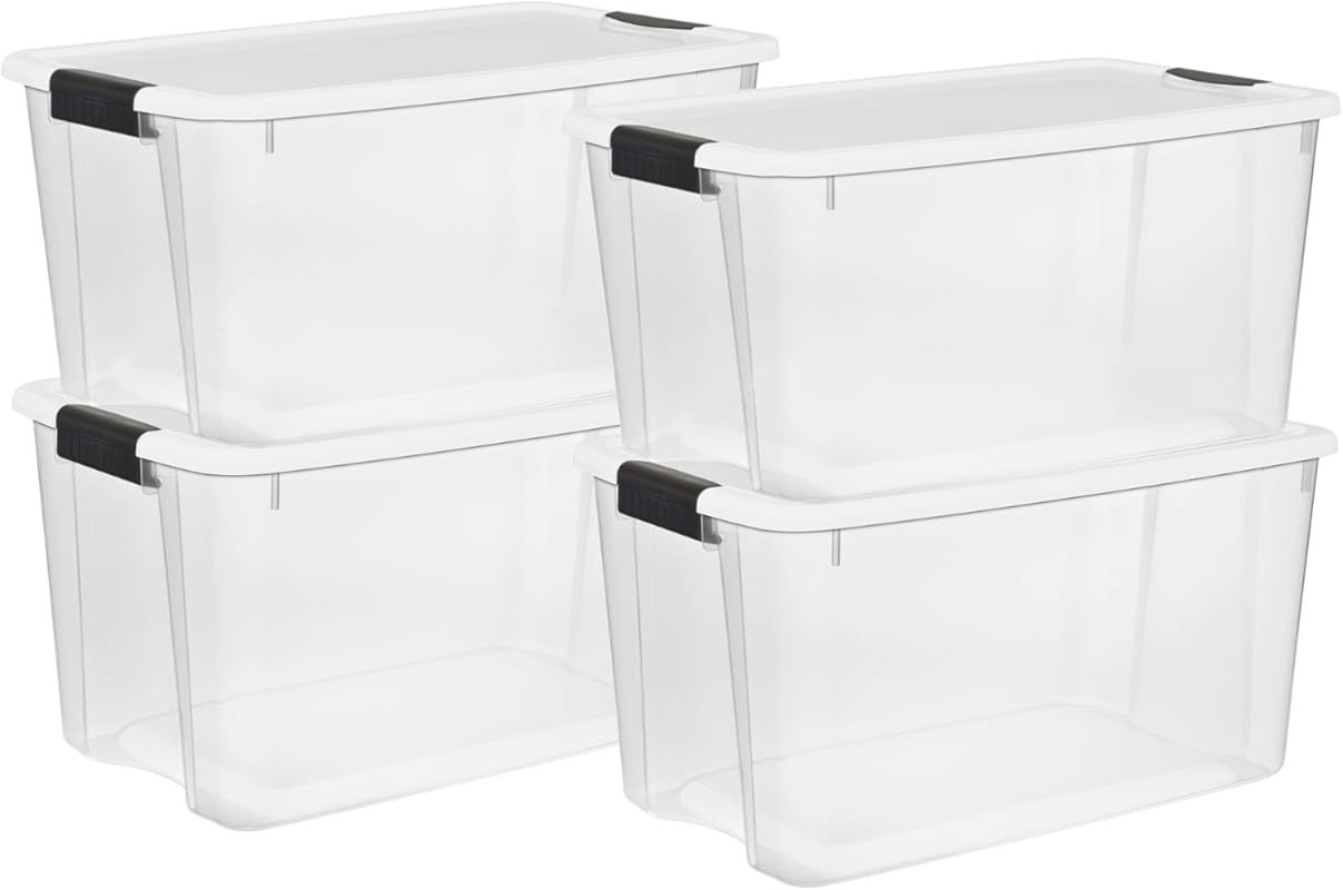Sterilite 4 Pack Ultra Latching Box, Storage Bins with Lids, Clear Pla