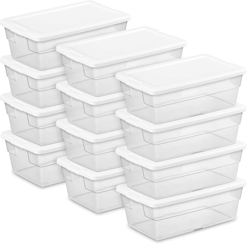 Sterilite 12-Pack 6 Quart Storage Boxes, Stackable Clear Plastic Bins 