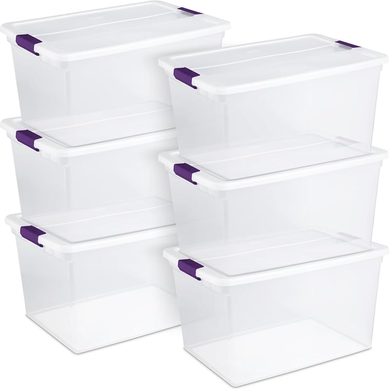 Sterilite 66 Quart Clear Plastic Storage Bins with Latch Lids, 6 Pack,