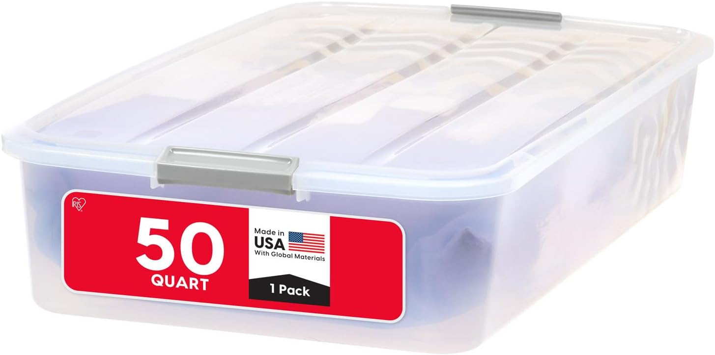 IRIS USA 50 Quart Clear Plastic Under Bed Storage Bin with Secure Lid 
