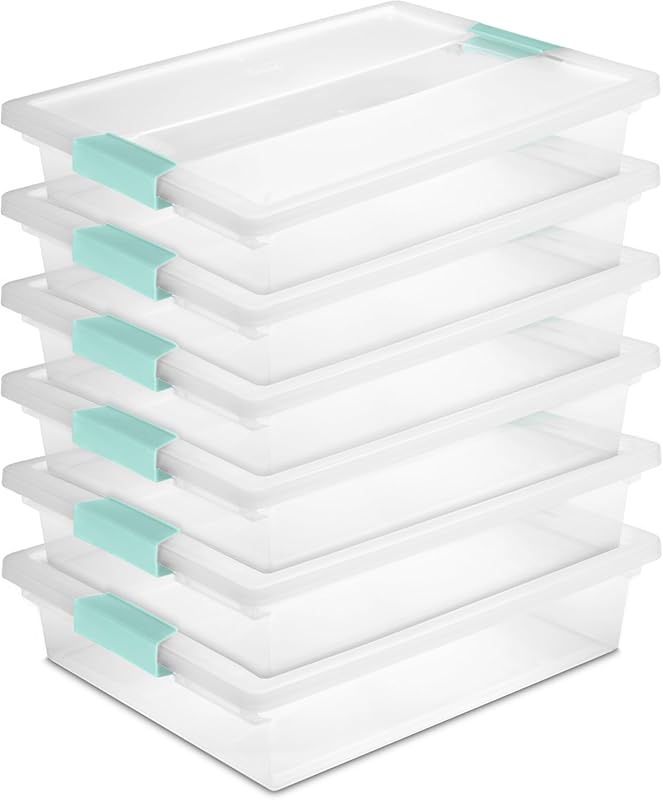 Sterilite 6-Pack Clip Box, Stackable Clear Plastic Bins with Latching 