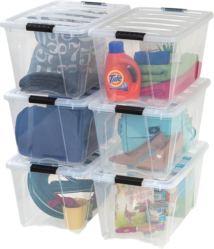 Large Stackable Clear Storage Bins with Latches, Made in USA, 6 Pack