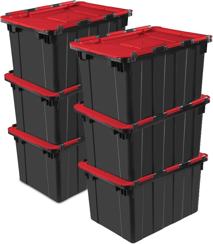 Sterilite 6-Pack 12 Gallon Hinged Lid Industrial Tote, Heavy-Duty Plas