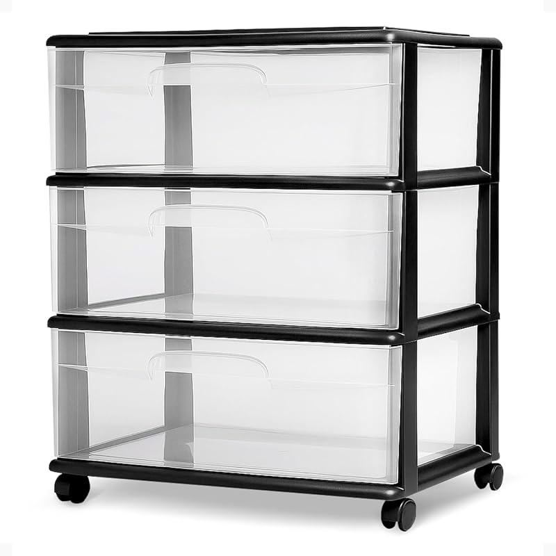 HOMZ Drawer Tower, 3-Tier Wide Clear Plastic Storage Organizer Cart, B