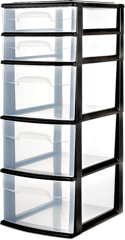 5-Tier Clear Plastic Storage Drawer Unit with Black Frame for Bedroom 
