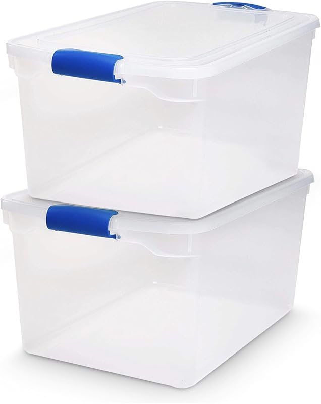 Large clear plastic storage bins with blue latching lids, 66 quart, 2-