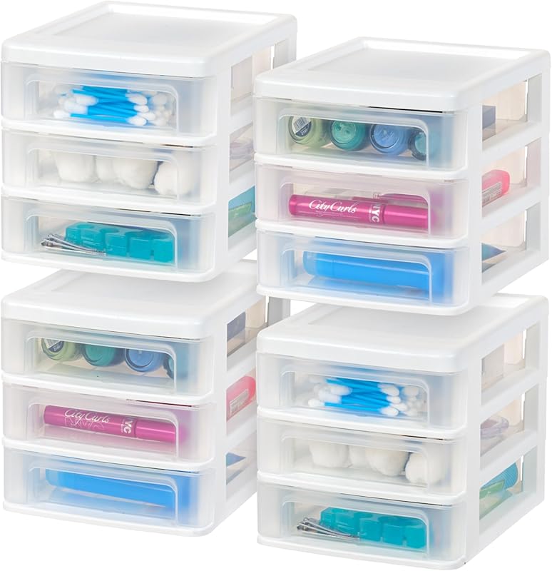 IRIS USA Plastic Stacking Desk Top 3-Drawer Storage Organizer, 4-Pack,