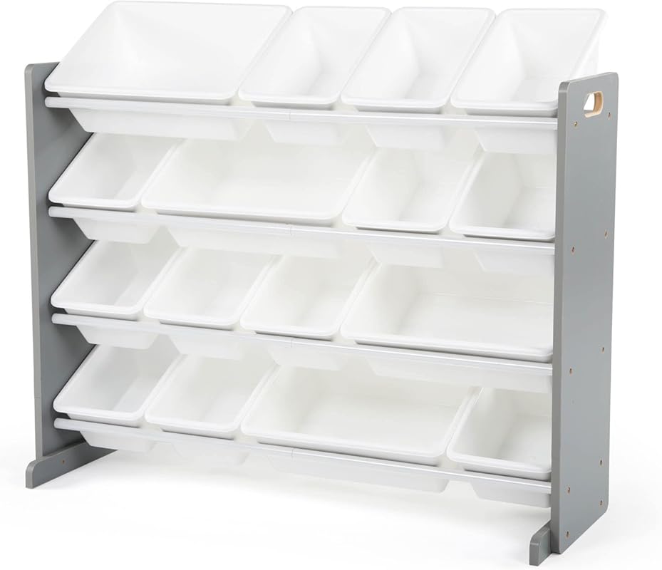 Supersized Toy Storage Organizer with 16 Removable Bins in Grey and Wh