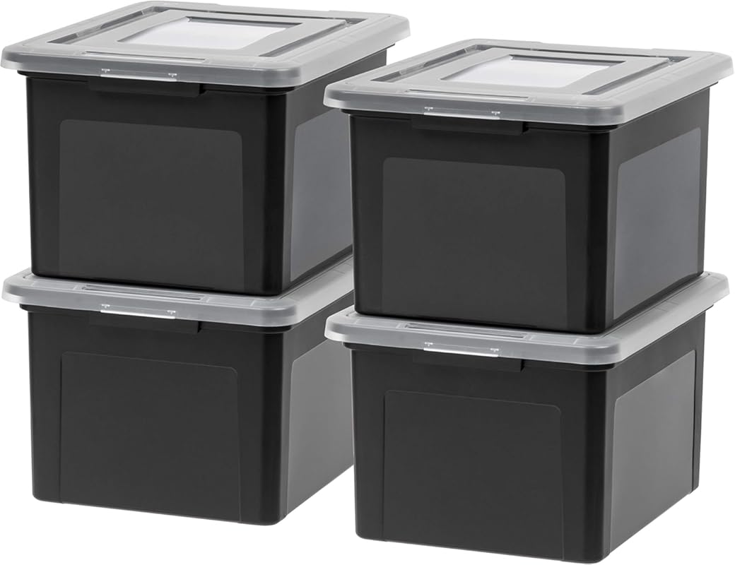 Black plastic file box for letter and legal documents, 35 QT, 4-pack, 