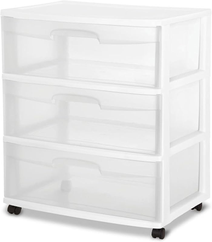 Sterilite Wide 3 Drawer Storage Cart, Plastic Rolling Cart with Wheels