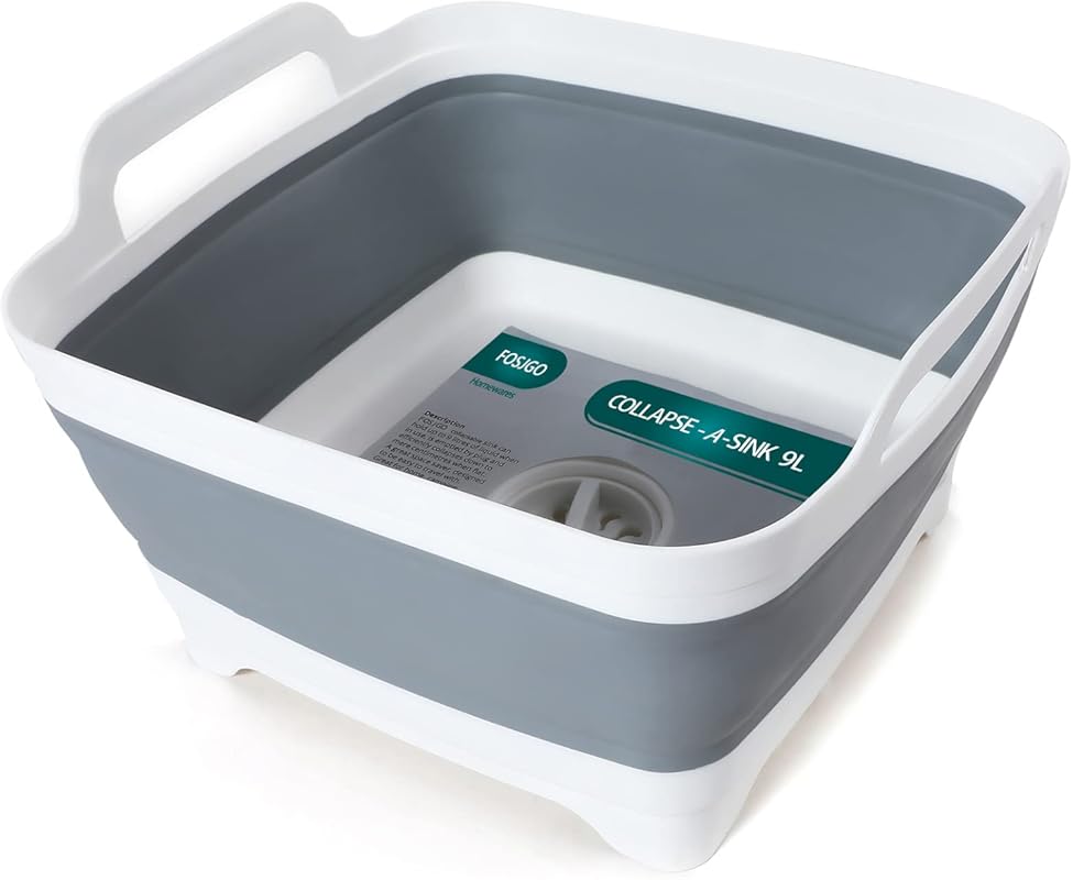 Collapsible 9-Liter Plastic Dish Basin with Drain Plug for Camping and