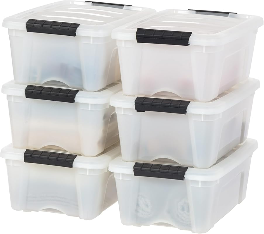 13 QT Pearl White Plastic Storage Boxes with Lids and Latches, 6-Pack