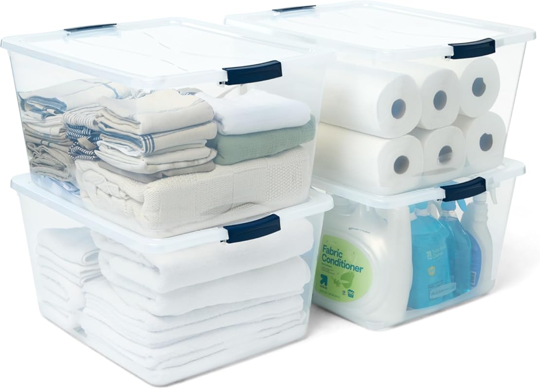 Rubbermaid Cleverstore 71 Qt Clear Storage Bins with Lids, 4-Pack, Sta