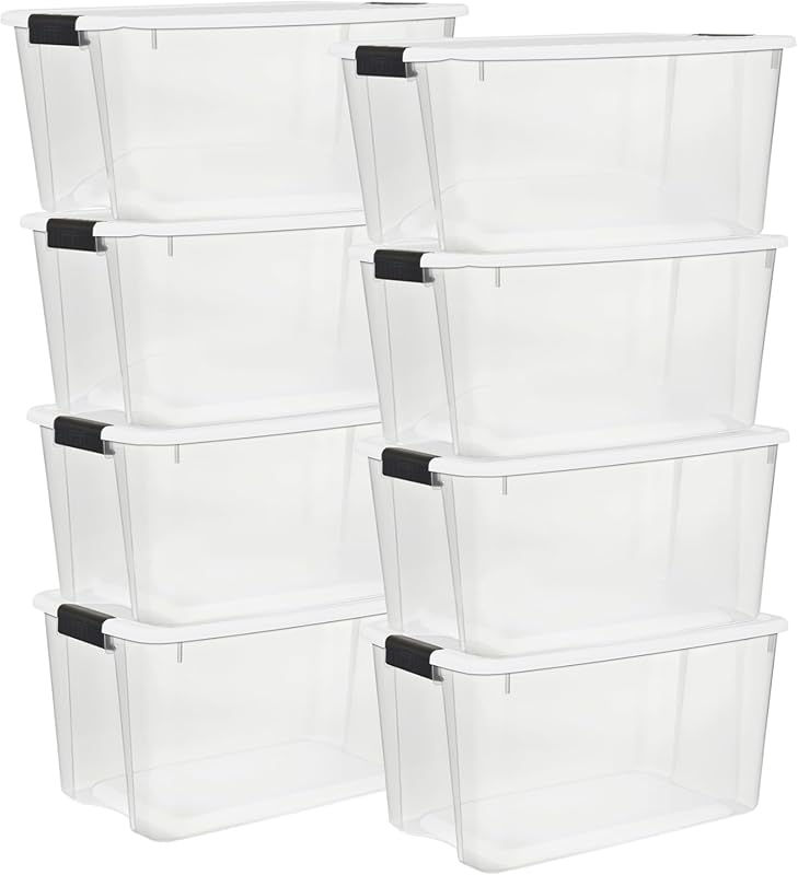 Sterilite 8 Pack Ultra Latching Box, Storage Bins with Lids, Clear Pla