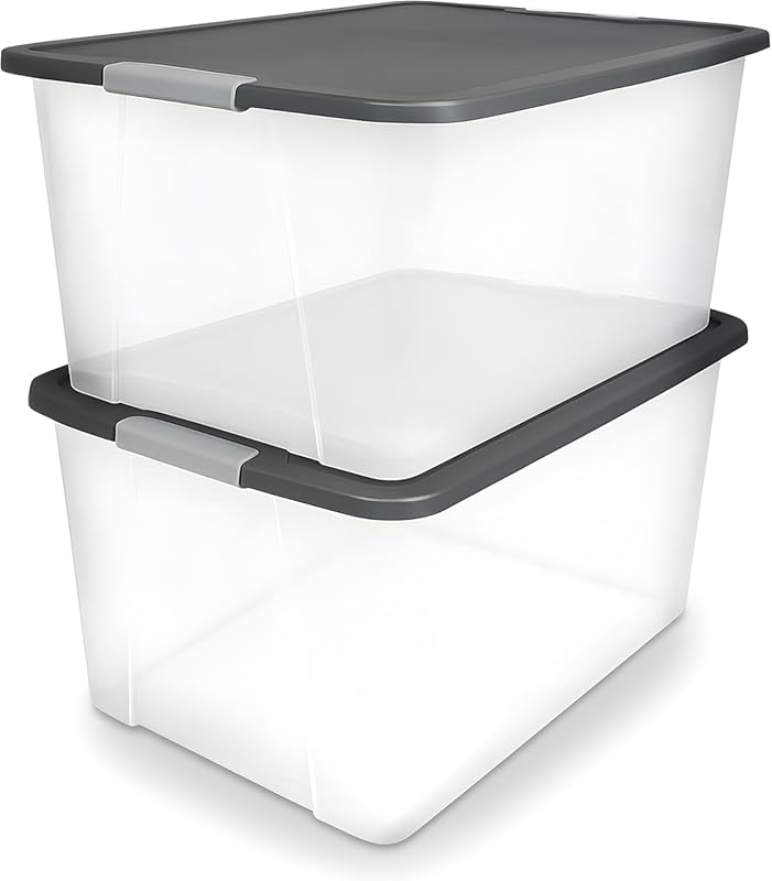 HOMZ 2-Pack 64 Quart Clear Plastic Storage Bins with Gray Latching Lid