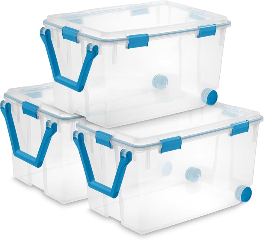 Heavy-duty clear storage bins with gasket seal and latching lids for c