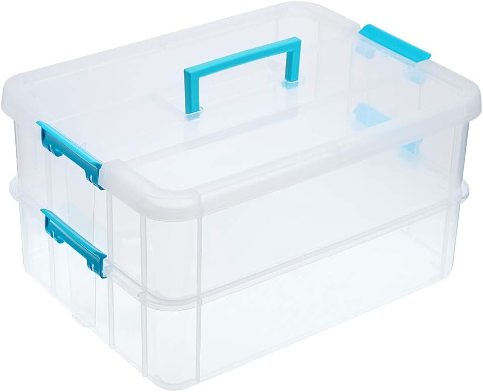 2-tier stackable storage box with handle and lid for school and office