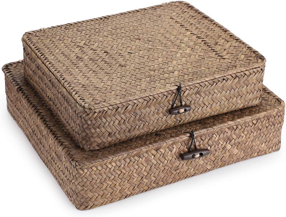 Set of 2 Woven Wicker Storage Bins with Lids, Natural Seagrass, Coffee