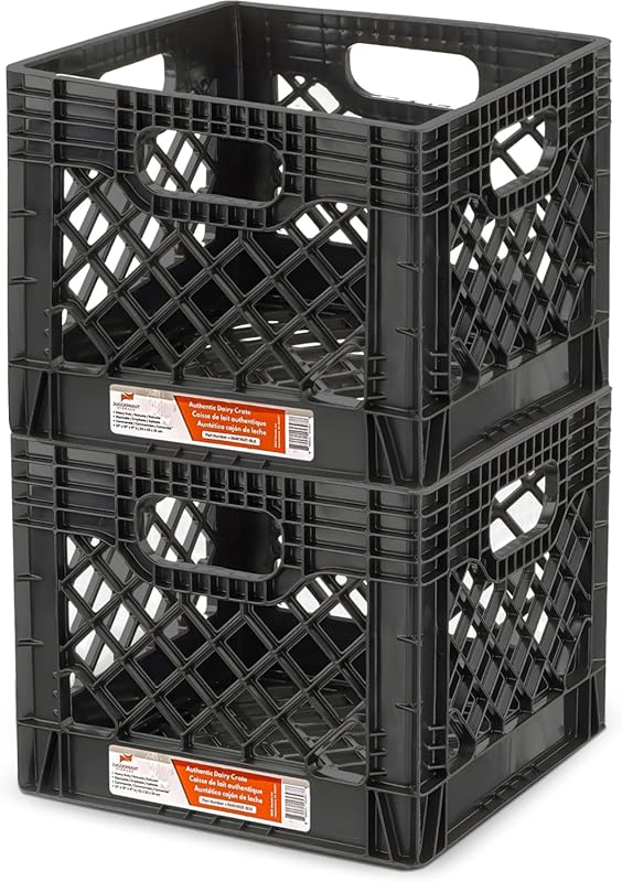 Stackable 16-Quart Plastic Milk Crates with Handles, Black, 2-Pack for
