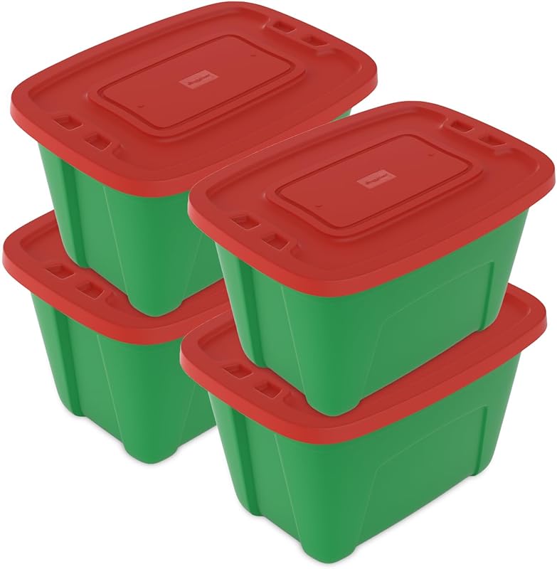 Large Red and Green Holiday Storage Bins with Lids, 18 Gallon, 4 Pack