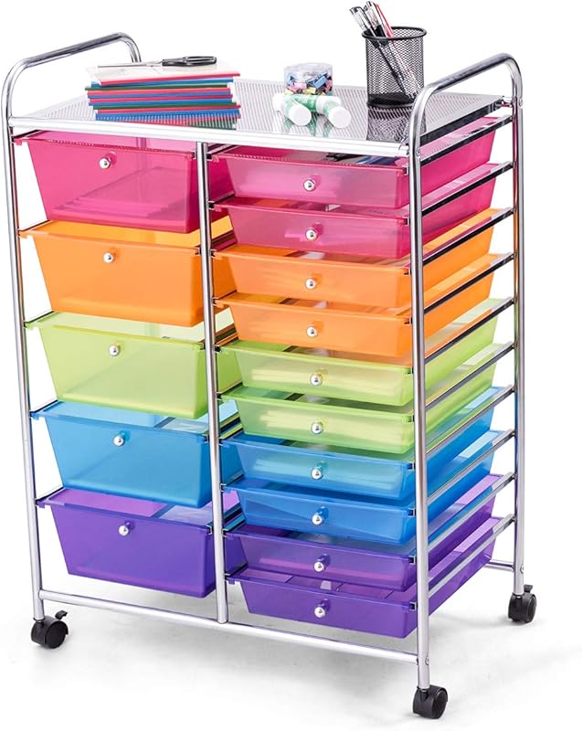 GOFLAME 15-Drawer Rolling Storage Cart, Craft Storage Cart with Remova