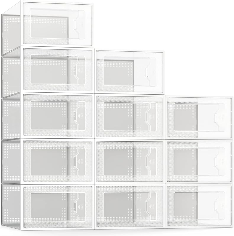 12-pack foldable clear shoe storage boxes, stackable plastic bins for