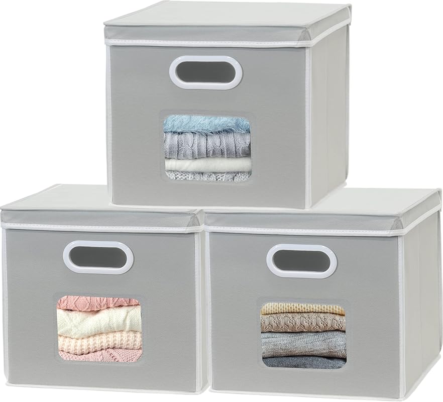 12 x 12 Fabric Storage Bin with Clear Window and Lid, Gray, 3-Pack