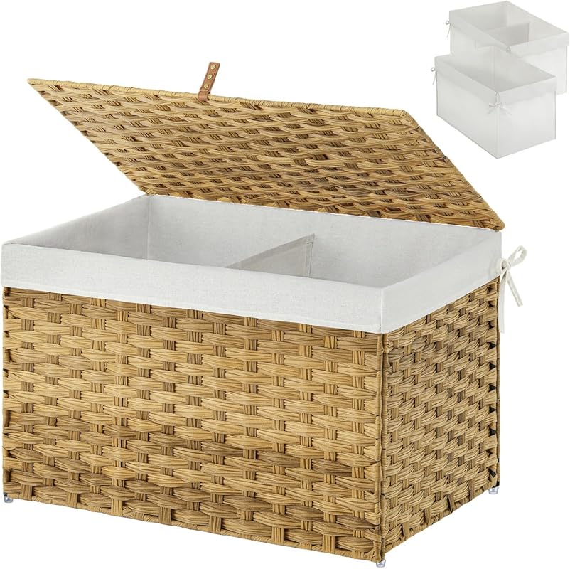 Small 17-gallon wicker storage basket with lid, handles, and removable