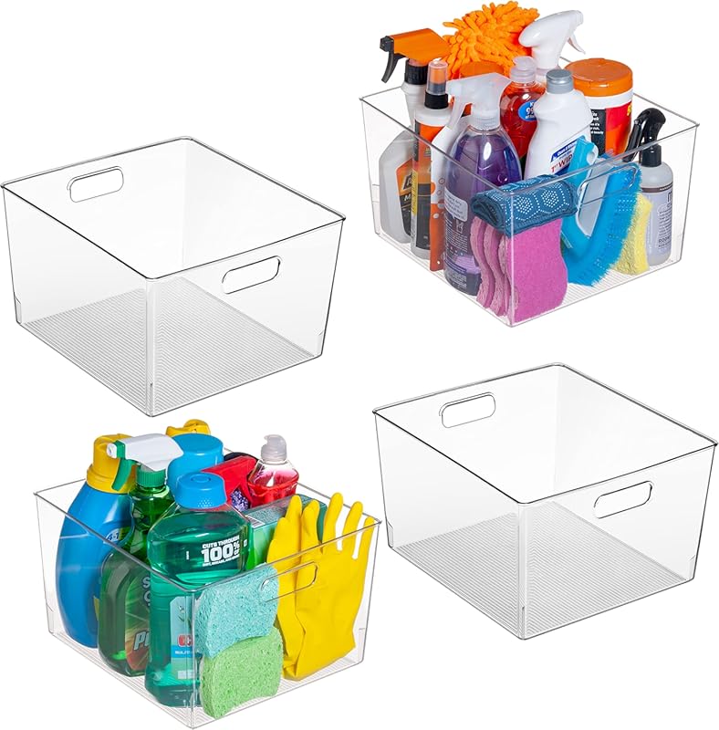 4-Pack XL Clear Plastic Storage Bins for Kitchen, Pantry, and Cabinet 