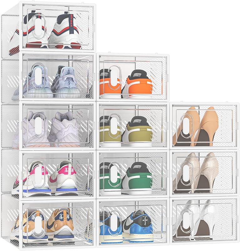 12-pack clear stackable shoe organizers for closet, fits size 10, plas