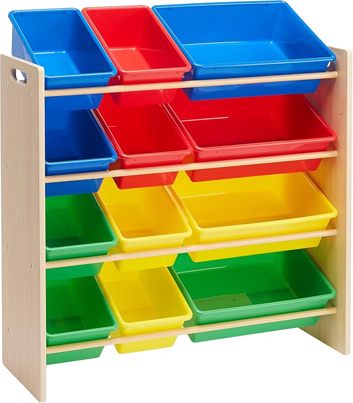 Kids Toy Storage Organizer with 12 Plastic Bins and Natural Wood Frame