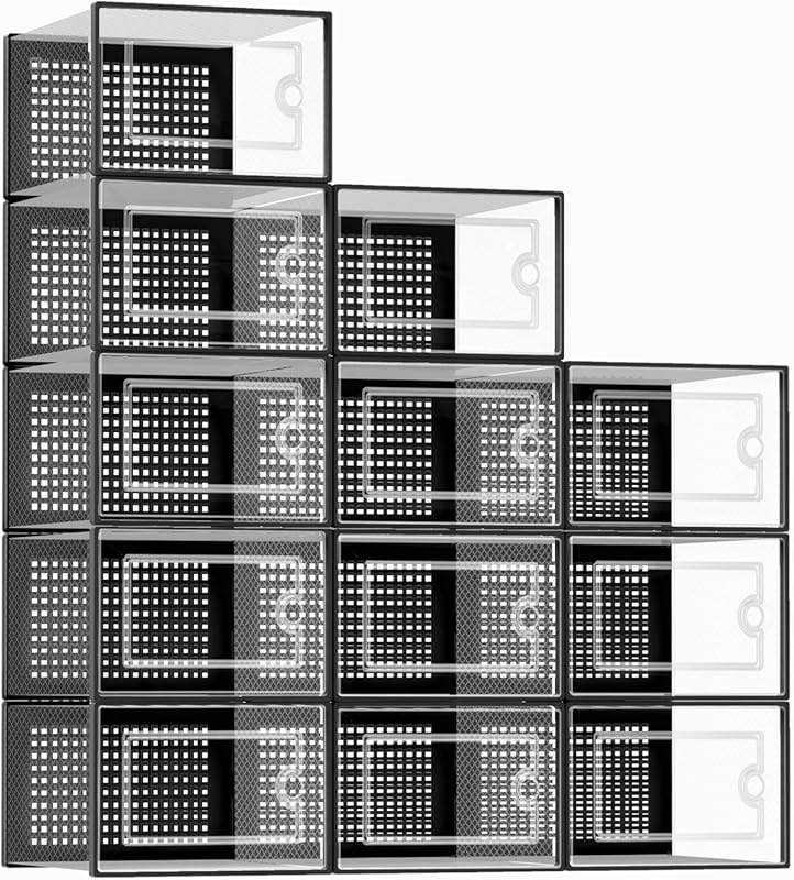 X-large clear plastic shoe storage boxes, 12 pack, stackable for close