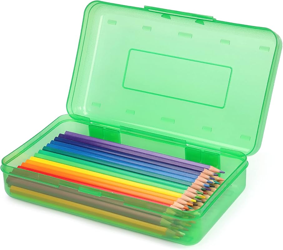 Large Clear Plastic Pencil Box with Snap-Tight Hinged Lid and Stackabl
