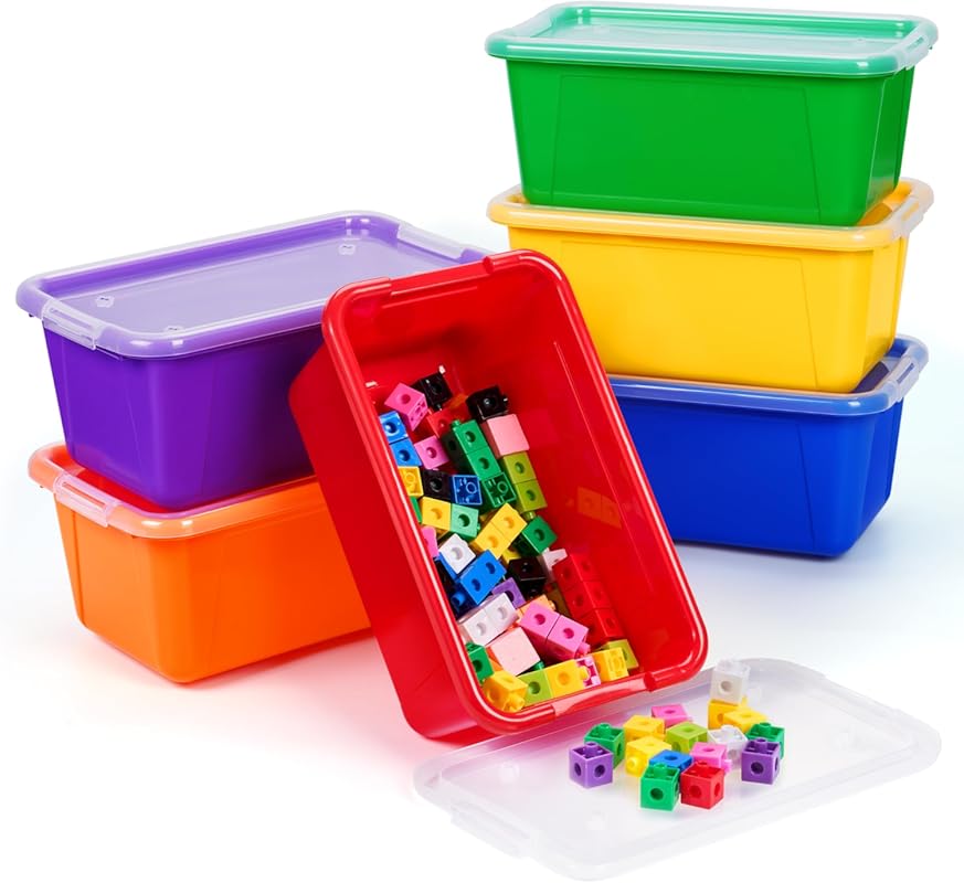 Rainbow Plastic Storage Bins with Lids, 5 Quart, Stackable for Toys an