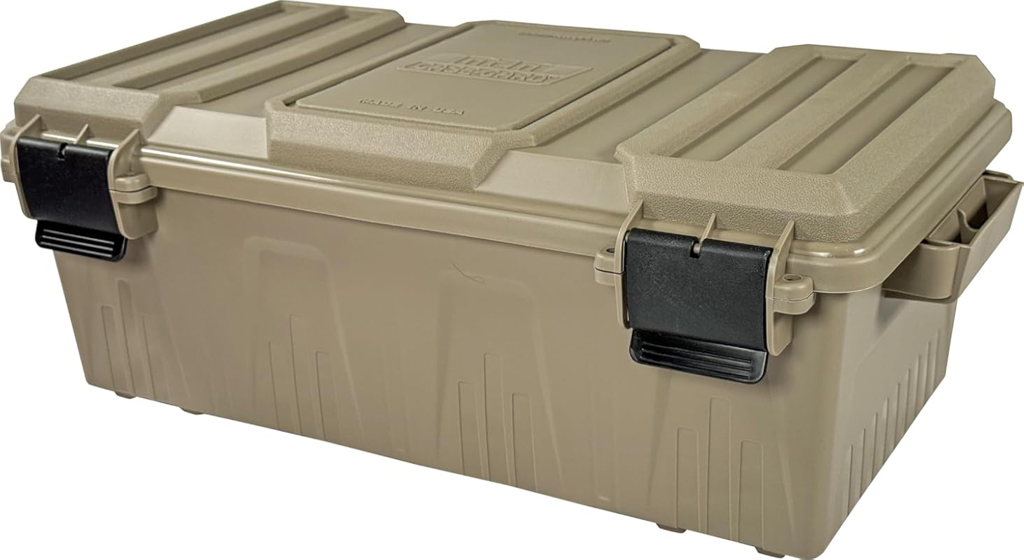 Water-resistant stackable ammo crate utility box with snap latch, USA-