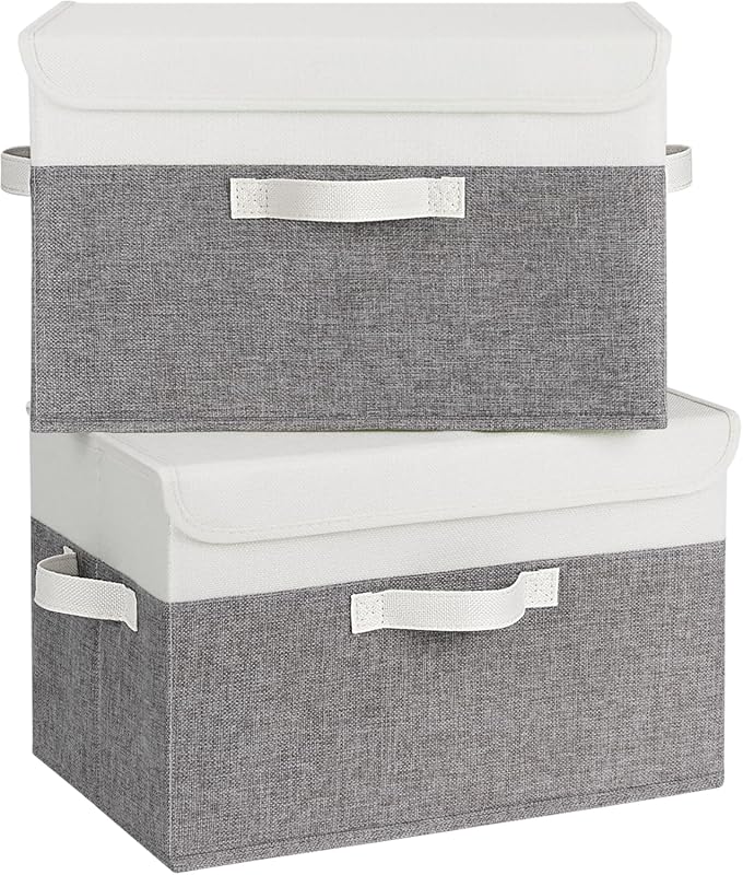 12 x 12 Fabric Storage Box with Lid, Closet Organizer, White and Gray,