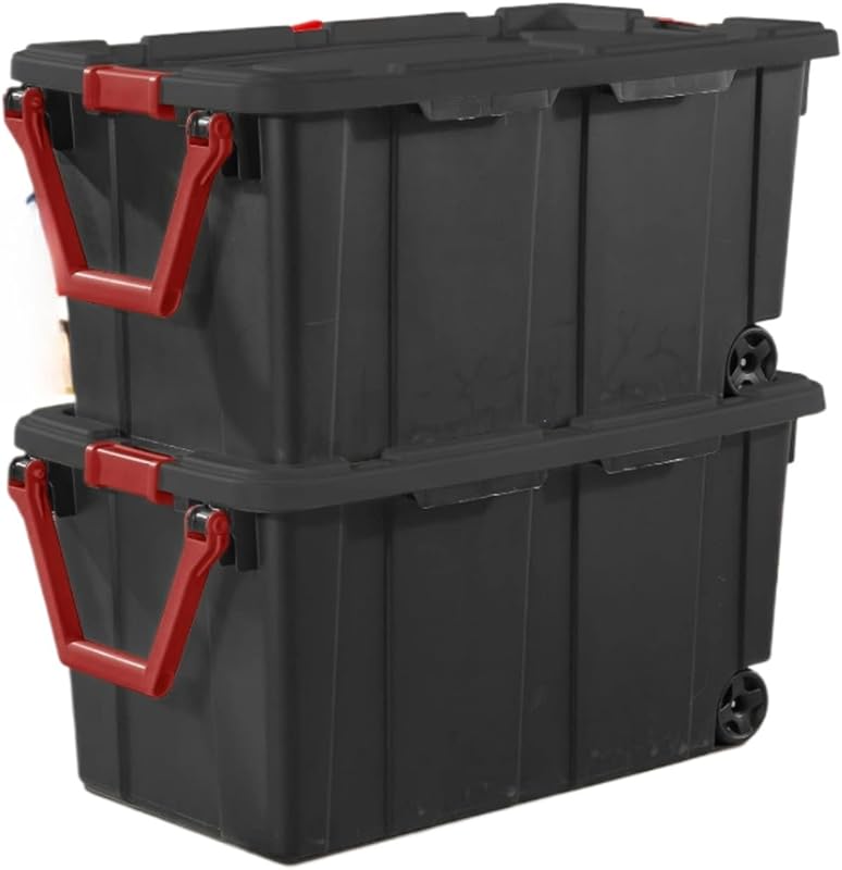 Black 40-gallon stackable storage tub with wheels and lid, set of 2