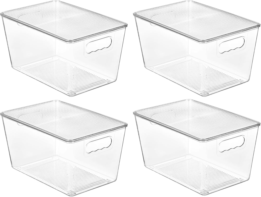 Clear Stackable Plastic Storage Bins with Lids and Handles, 4-Pack for