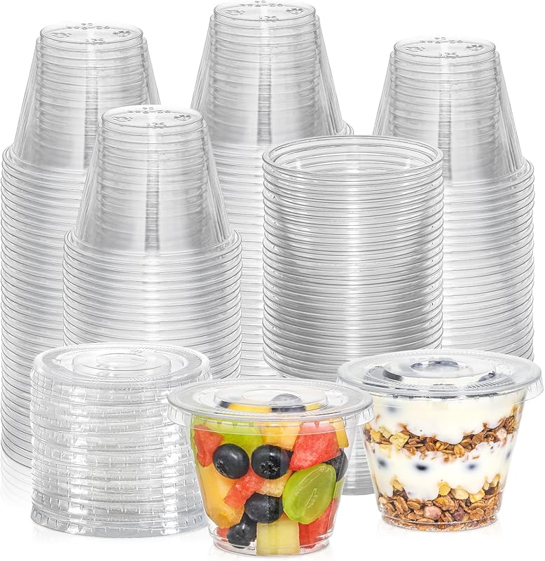 50 Sets 9 oz Clear Plastic Cups with Flat Lids for Ice Cream and Cold 