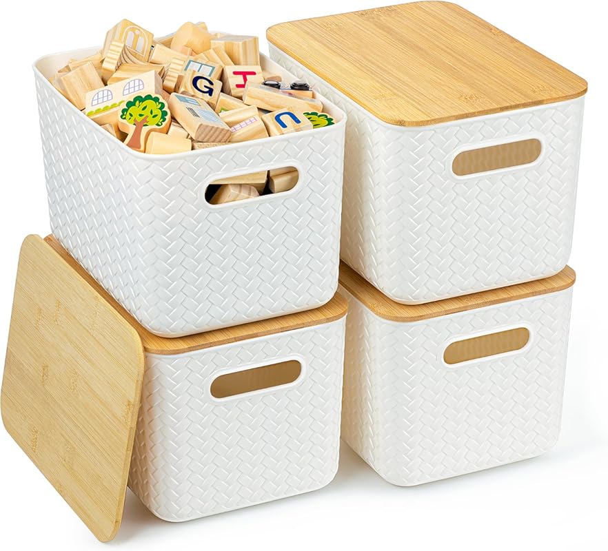 White Plastic Storage Bins with Bamboo Lids, Stackable Organizers for 
