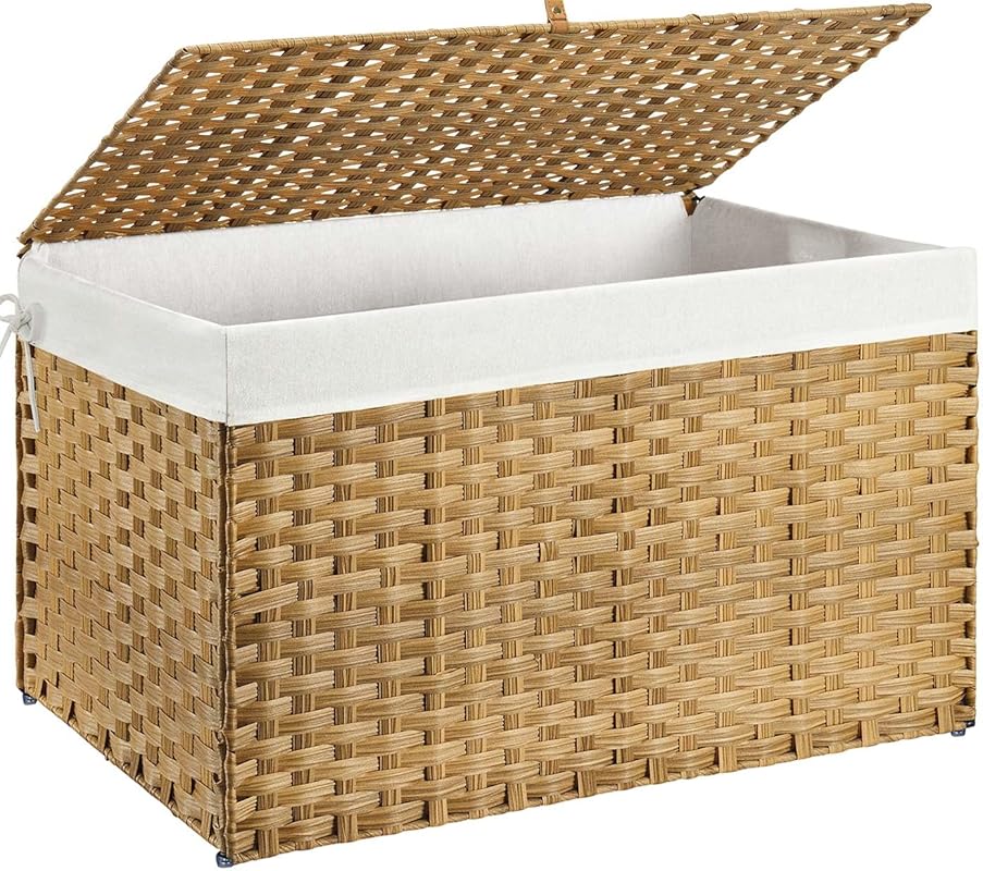 Large 42-gallon wicker storage basket with lid, handles, and removable