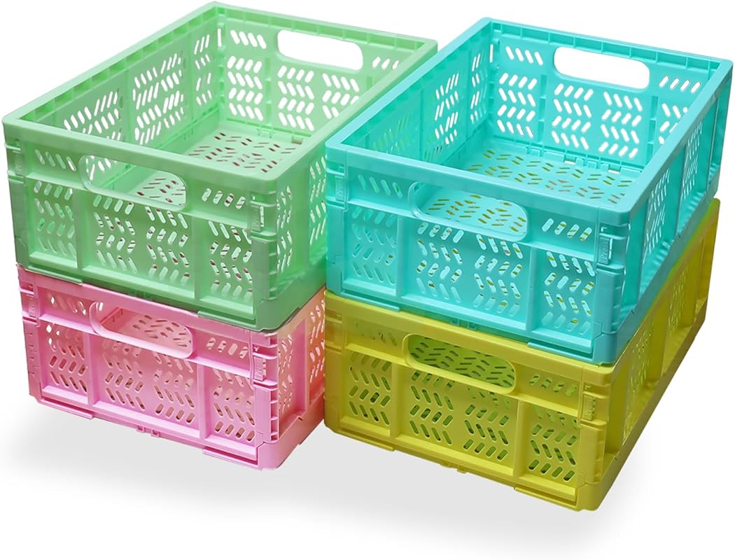 4-Pack 20L Collapsible Plastic Storage Crates in Mixed Colors for Home