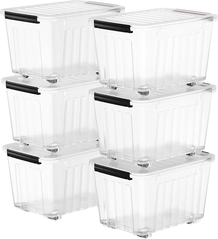 Clear stackable plastic storage bins with lids and secure latches, 72 