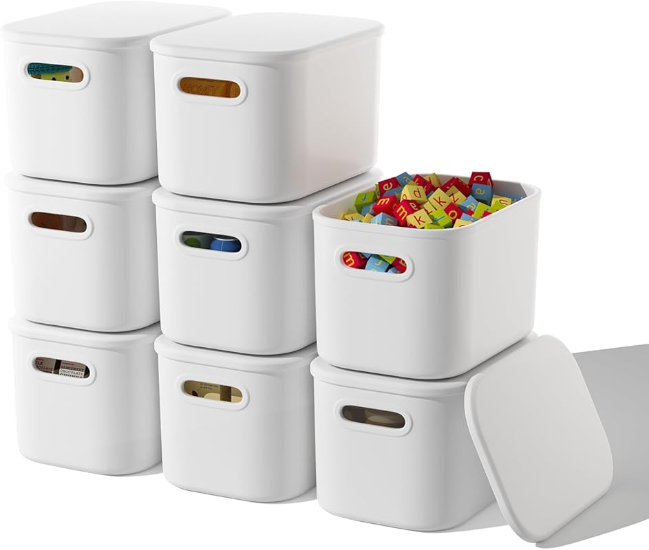 8 Pack White Storage Bins with Lids Stackable Storage Container for Or