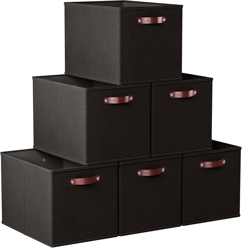 Foldable 13 x 15 x 13 Fabric Storage Bins with Handles, Black, 6 Pack