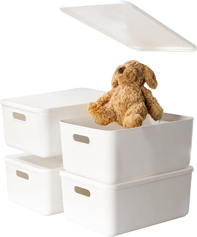 Large White Plastic Storage Bins with Lids and Handles for Kids and Nu