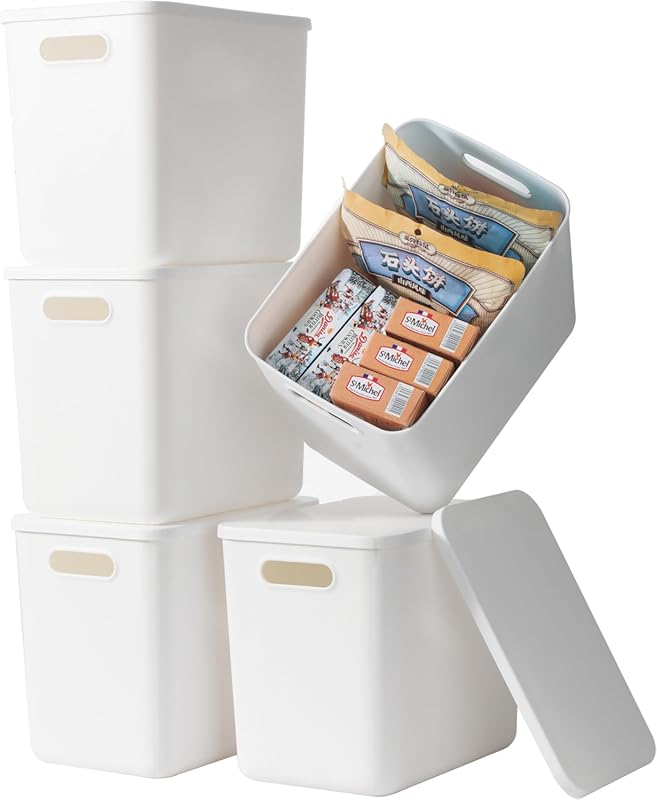 5-Pack Large White Storage Bins with Lids and Handles for Home and Off