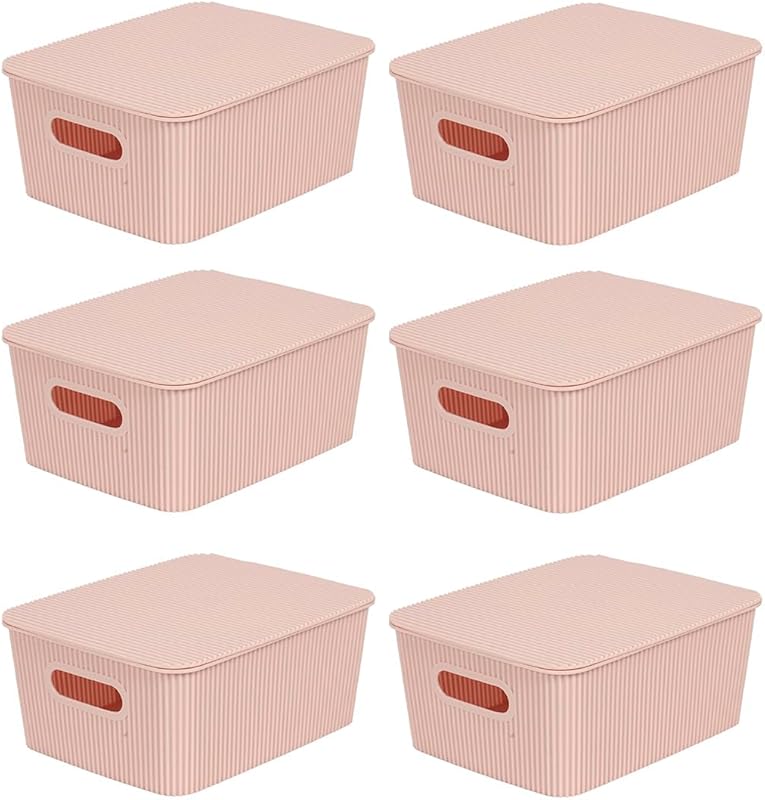 Pink Stackable Plastic Storage Bins with Lids, Set of 6 for Bathroom a