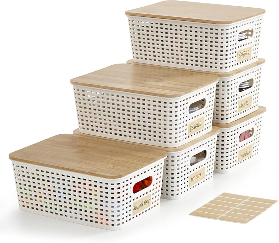 Stackable Plastic Storage Bins with Bamboo Lids for Pantry and Desk Or